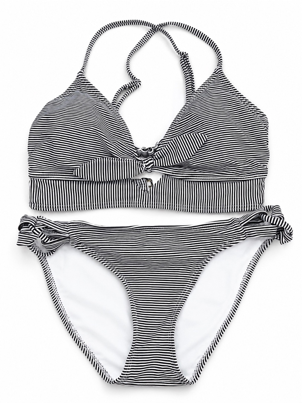 Xhilaration Dark Blue & White Striped Halter Knot Bikini